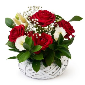 Coșuleț floral cu trandafiri roșii și eustoma 🌹