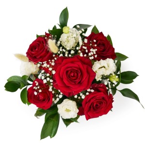 Coșuleț floral cu trandafiri roșii și eustoma 🌹